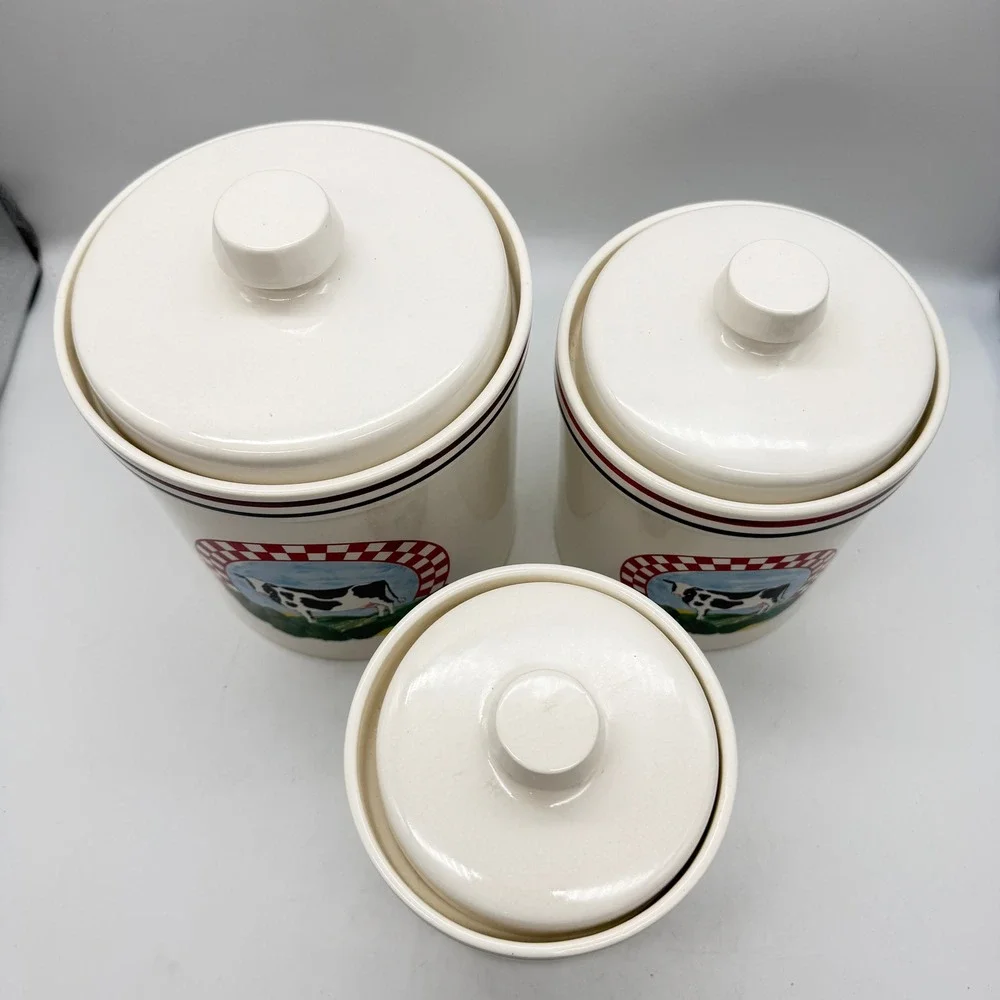 Vintage Frannys Farm Century Japan Cow kitchen canister set 3 Crocks